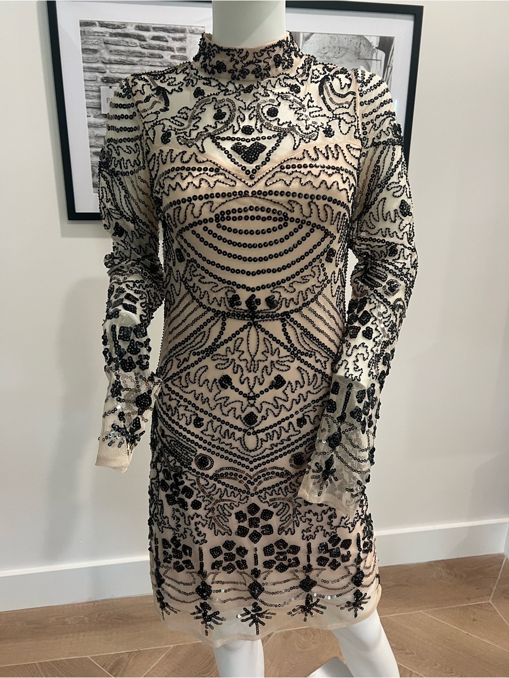 Gianni Bini Beaded Black & Cream Long-Sleeve Cocktail Dress